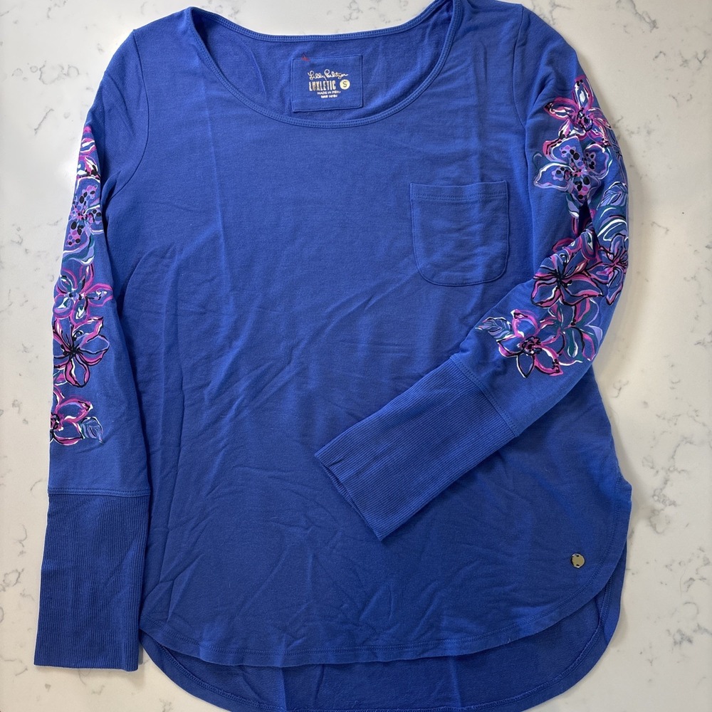Lilly Pulitzer Luxletic Kerah Lounge Long Sleeve Top Blue Floral Print Sleeve SM